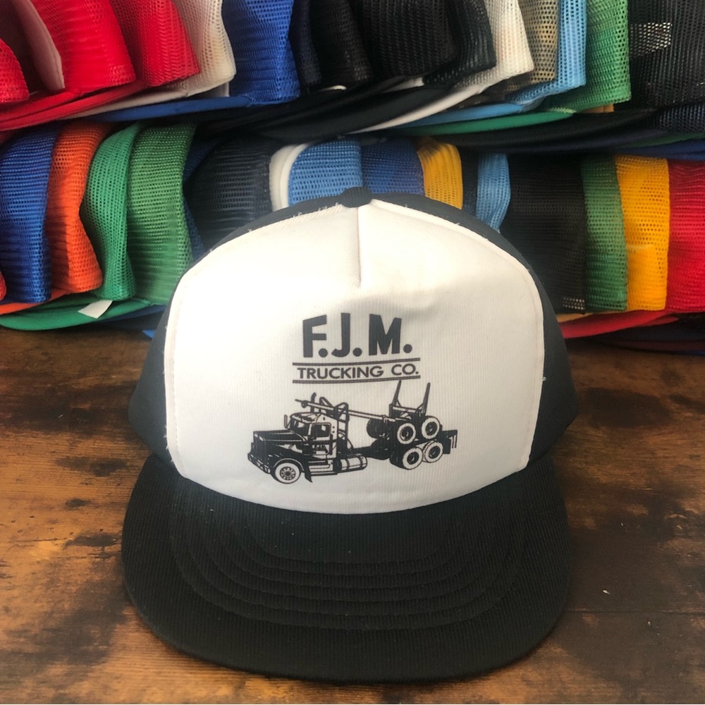 Vintage 80s Streetwear F.J.M Trucking co. big rig semi truck  Trucker Hat